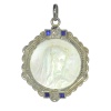 Vintage 1920 s Art Deco 18K gold Maria medal in plate of mother-of-pearl with diamonds and sapphires